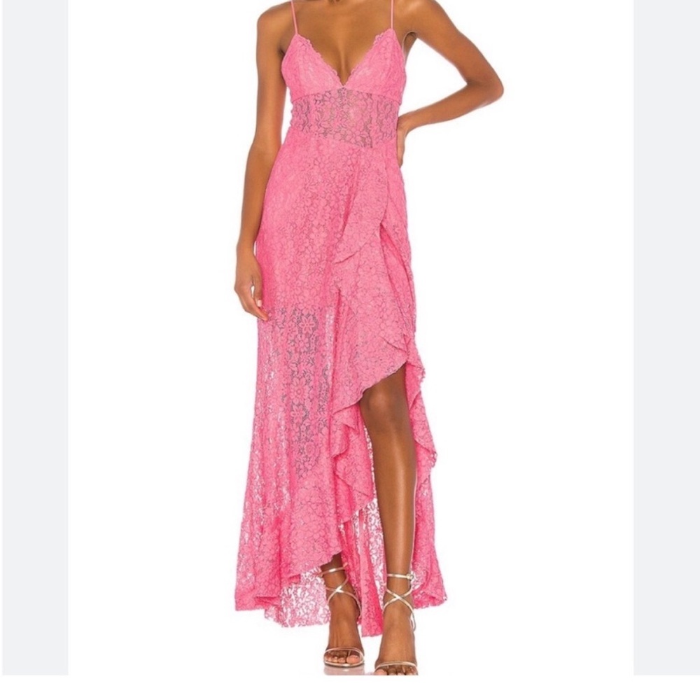 NBD Hot Pink Lace High-Low Slip Dress with Ruffle Hem